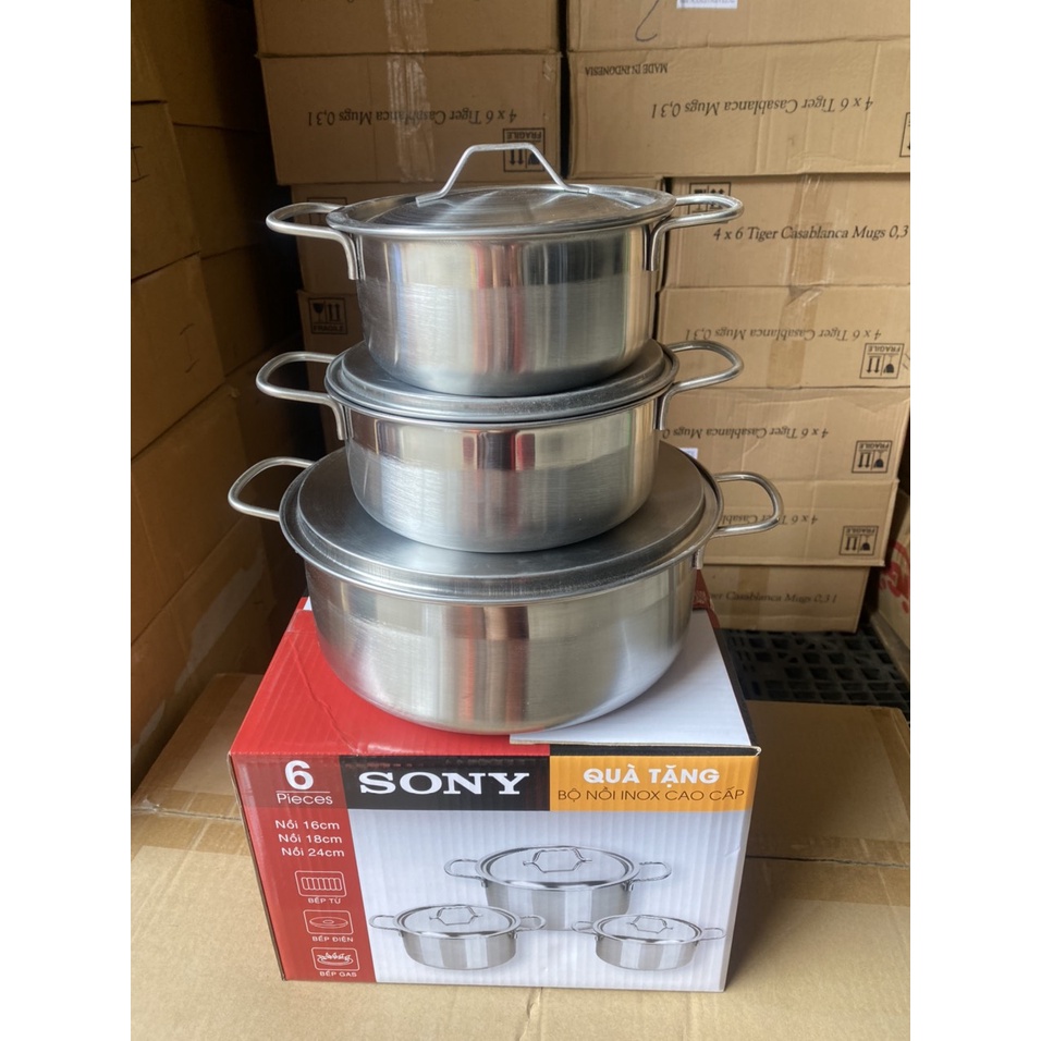 Bộ 3 nồi inox sony cho mọi loại bếp, nồi inox nắp inox dày 0.4mm - bộ nồi sony, nồi đa năng