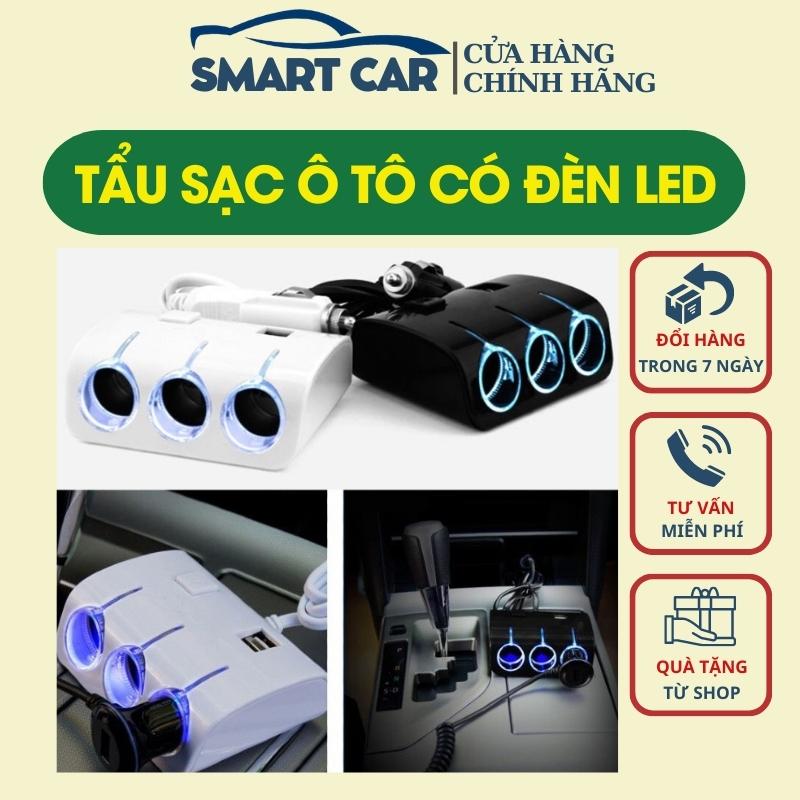 Tẩu sạc ô tô - tẩu sạc nhanh ô tô - tẩu chia sạc ô tô, chia 3 cổng tẩu, 2 chân usb, có đèn led