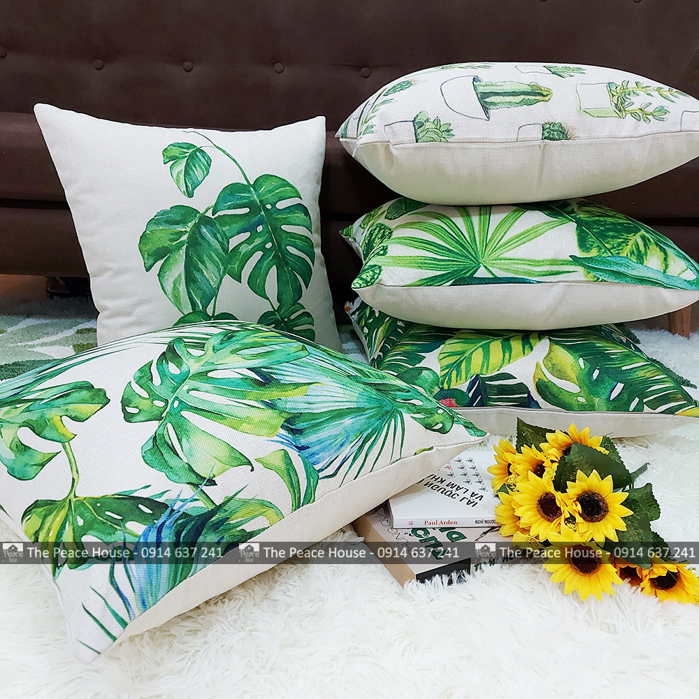 Vỏ gối tựa lưng, gối sofa, gối trang trí, gối vuông, gối văn phòng - sofa pillow covers- sofa pillowcase hoạ tiết LÁ XANH (Giá chỉ gồm vỏ gối) - The Peace House
