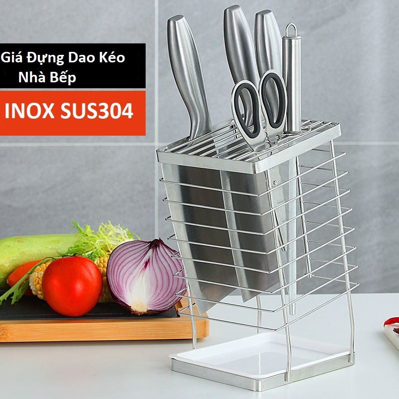 Kệ INOX Cắm Dao Kéo, Ống Đũa Nhà Bếp chất liệu INOX SUS304 Có Khay Hứng Nước