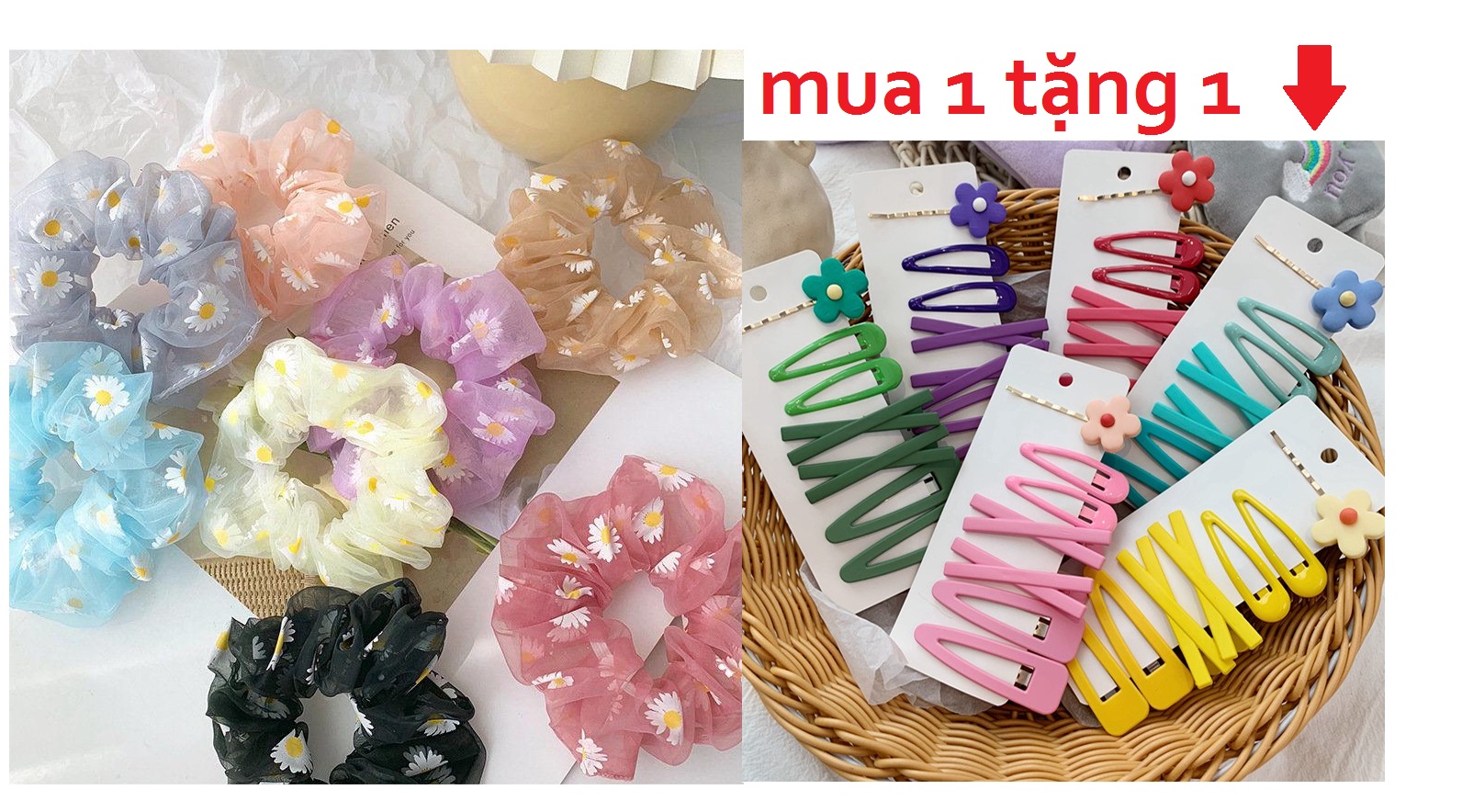 Buộc tóc hoa cúc vải voan đủ màu lựa chọn. tặng ngay 1 sét 7 kẹp tóc xin đẹp