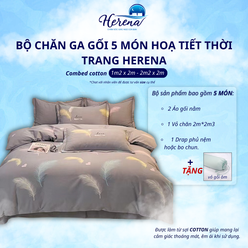 Bộ chăn ga gối 5 món cotton cao cấp HERENA màu sắc nhẹ nhàng tinh tế