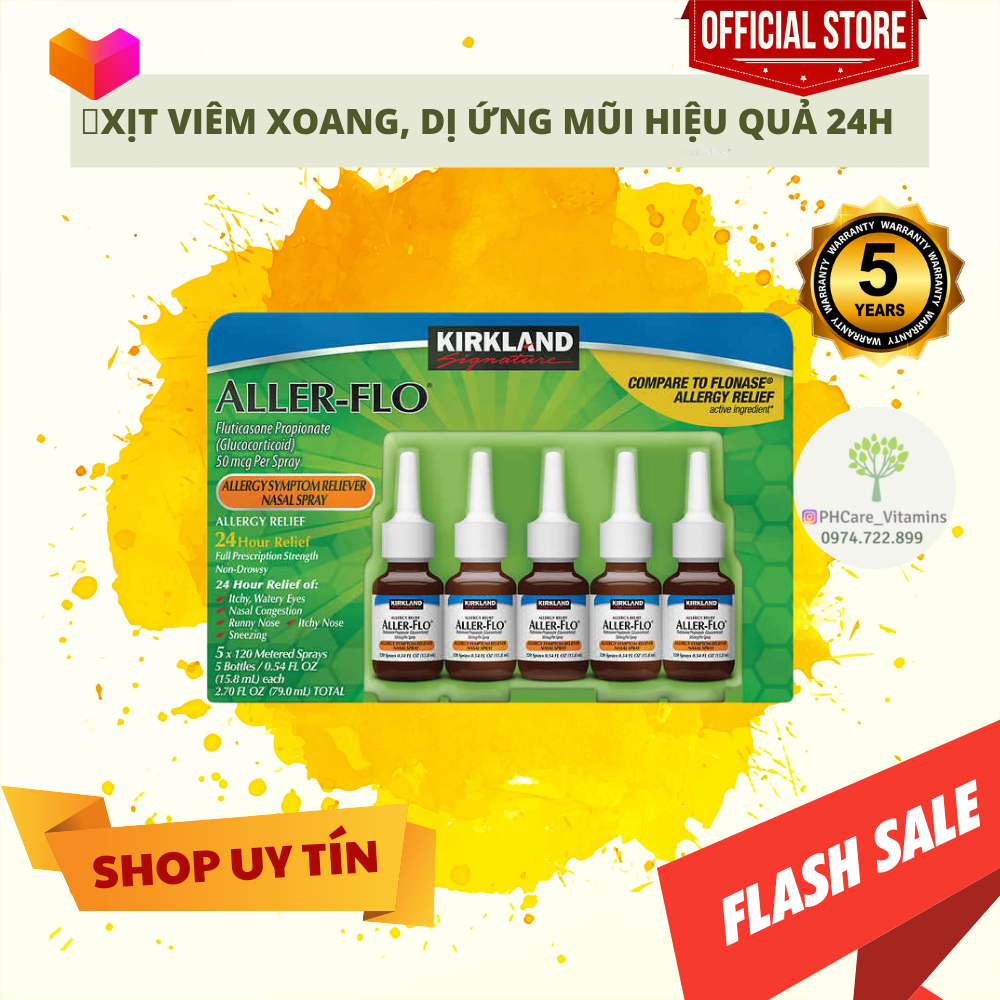 Set 5 lọ xịt viêm xoang, dị ứng mũi, thông mũi kirkland signature aller-flo 15.8ml x1 lọ