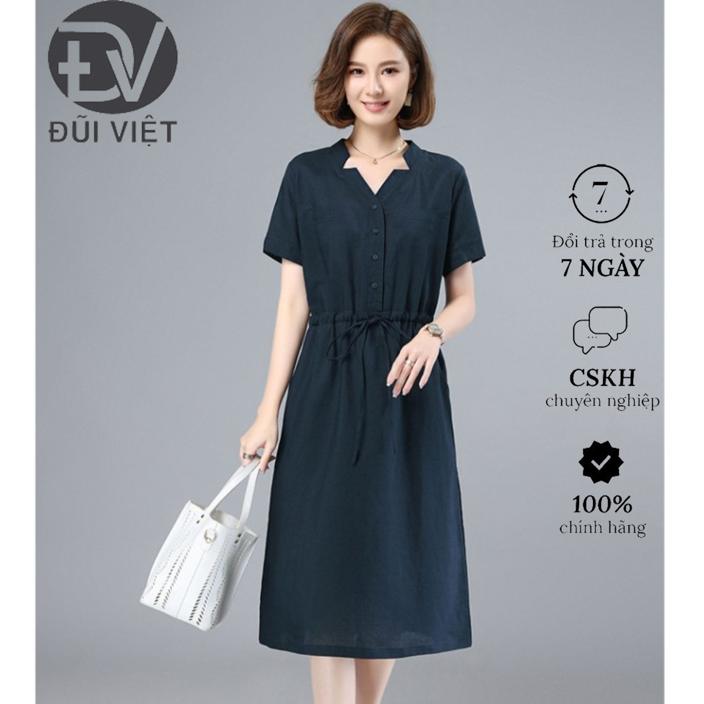 Đầm sơ mi cổ V màu trơn thanh lịch cho nữ, Váy linen dáng dài thắt eo vintage Đũi Việt