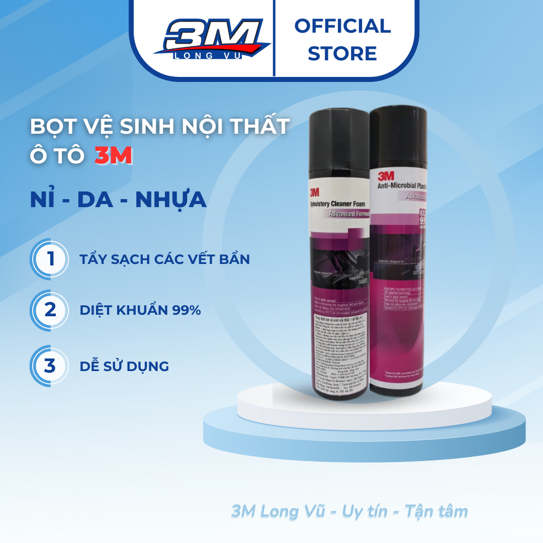Dung Dịch Bọt Vệ Sinh, Tẩy Sạch Nội Thất Ô Tô (Da, Nhựa, Nỉ Các Loại) 3M Anti-Microbial Plastic Cleaner - 3M Long Vu