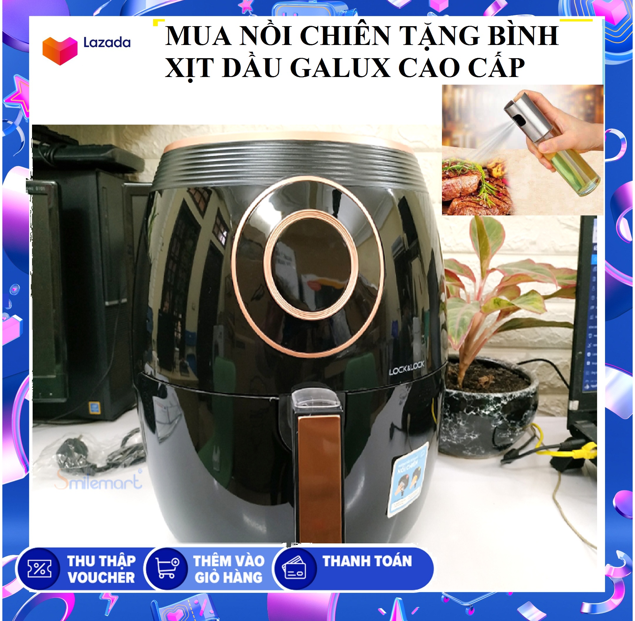 Nồi chiên không dầu điện tử 5.5l lock&lock ejf383 1800w