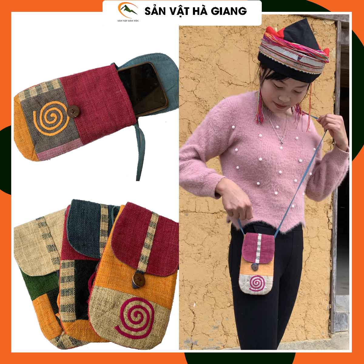 Túi đeo chéo nữ mini bằng thổ cẩm, túi đeo chéo nữ đựng điện thoại có nắp vô cùng tiện lợi cho các bạn nữ đi chơi.