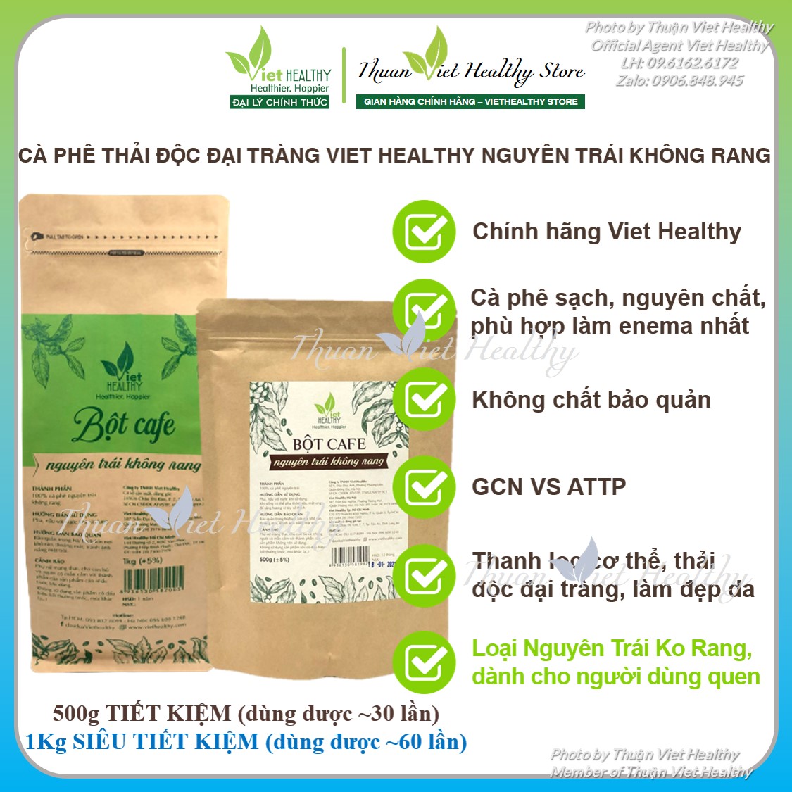 Bột cà phê viet healthy nguyên trái không rang 1kg, cafe enema thải độc đại tràng viethealthy, enema coffee gerson detox viethealthy