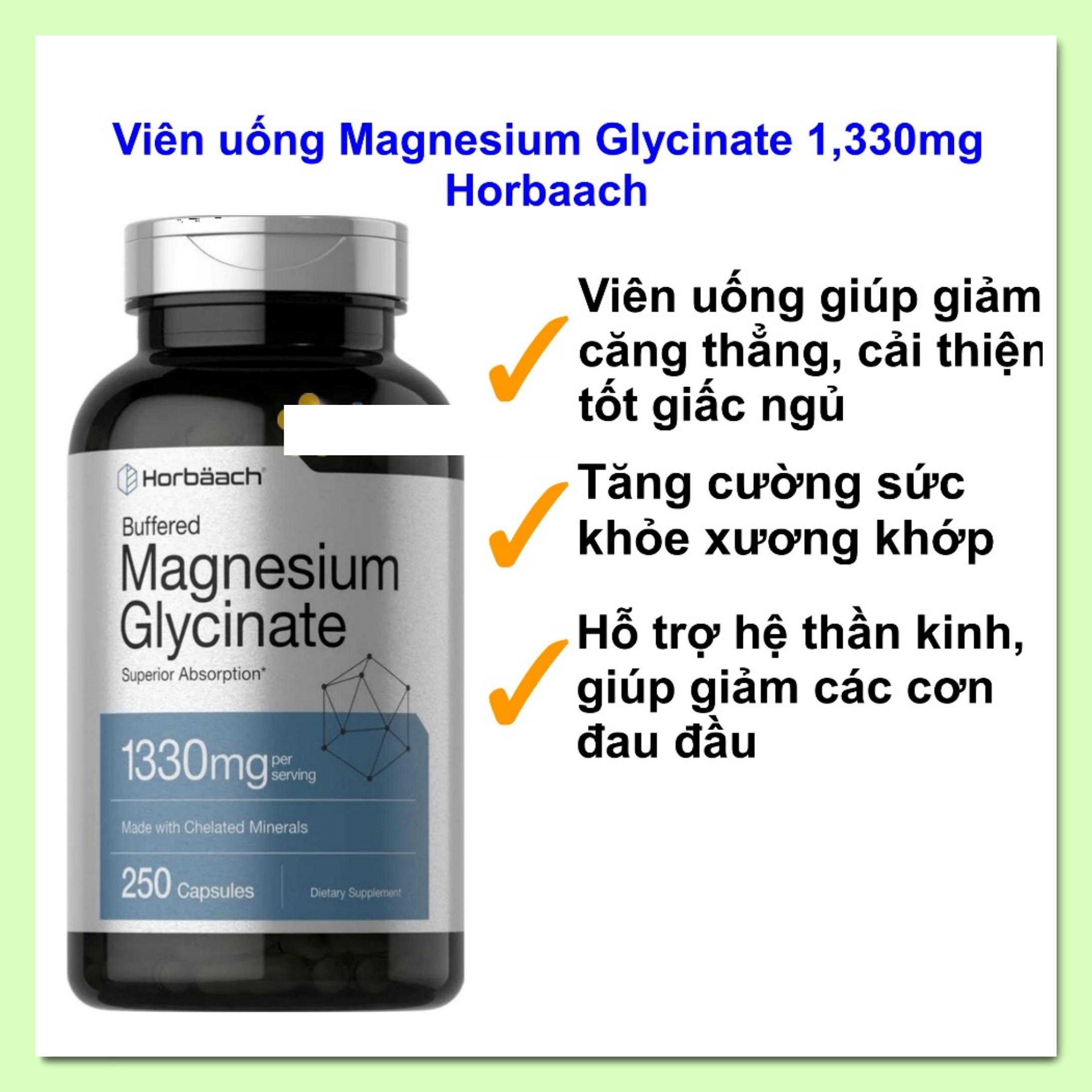 Magnesium Glycinate 1330Mg Horbaach Pills Support Muscles, Bones, and Nerves, 250 Pills [American Product]
