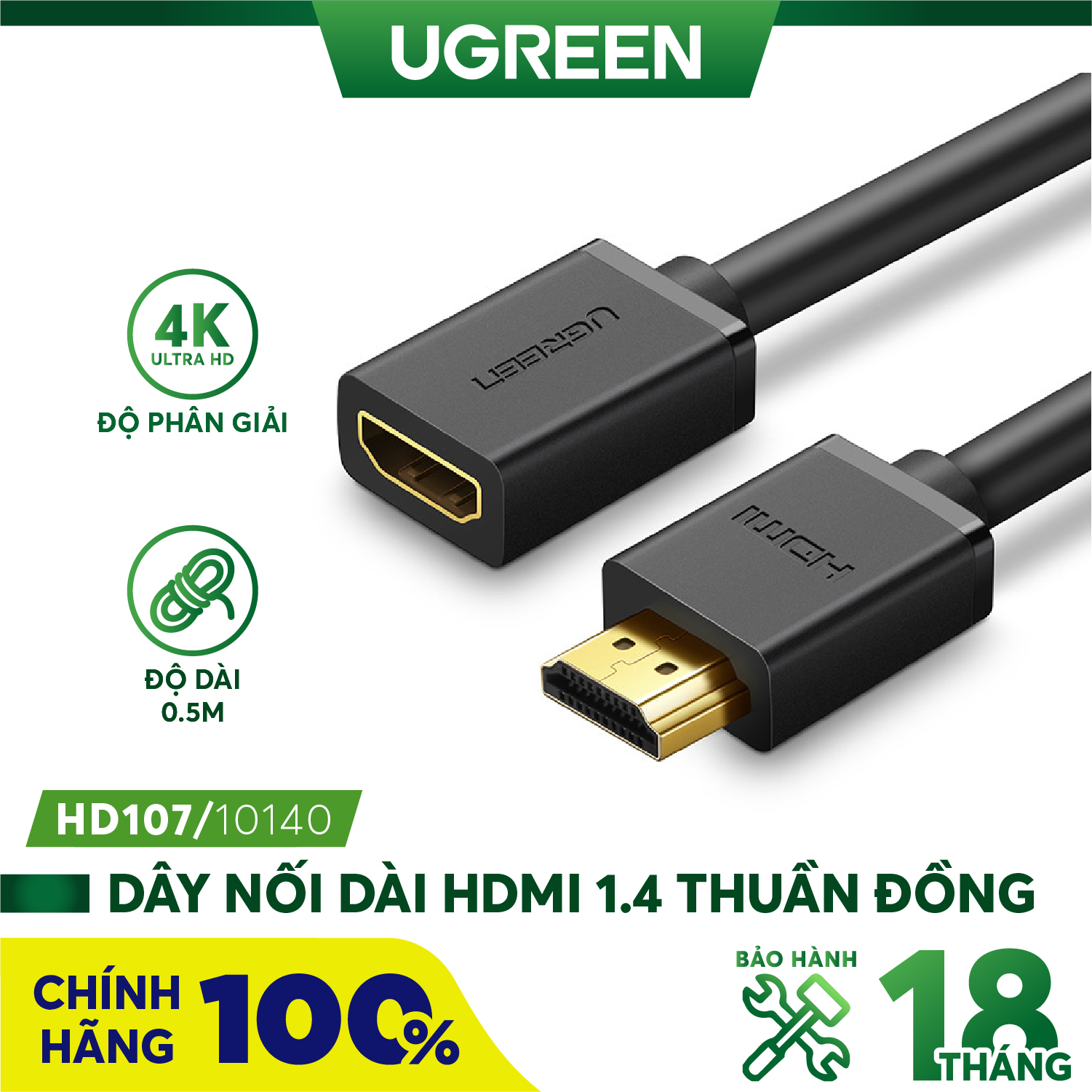 Cáp hdmi nối dài 0,5m hỗ trợ 4k 2k ugreen 10140 chính hãng