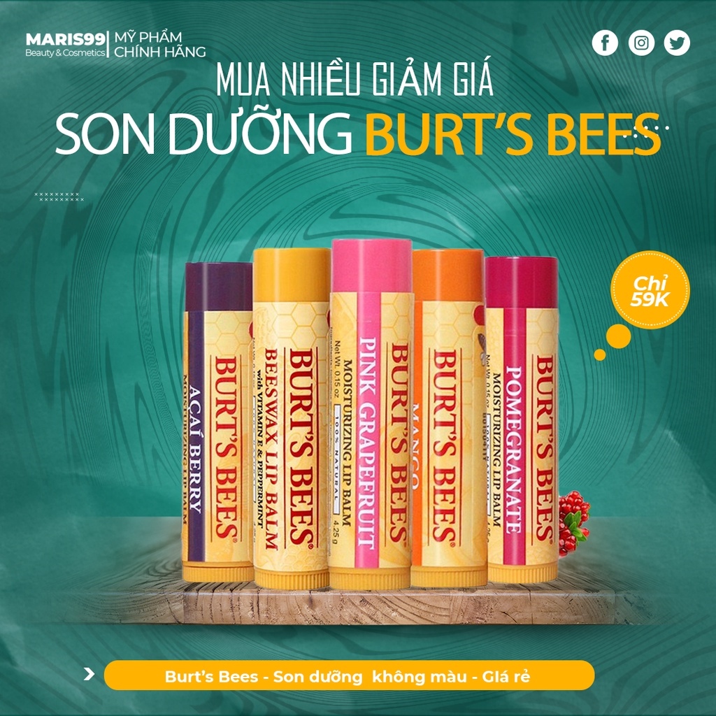 Burt’s Bees; Son dưỡng môi thiên nhiên Burt’s Bees không màu dưỡng ẩm lâu và không thâm môi - Natural Lip Balm Burts Bee