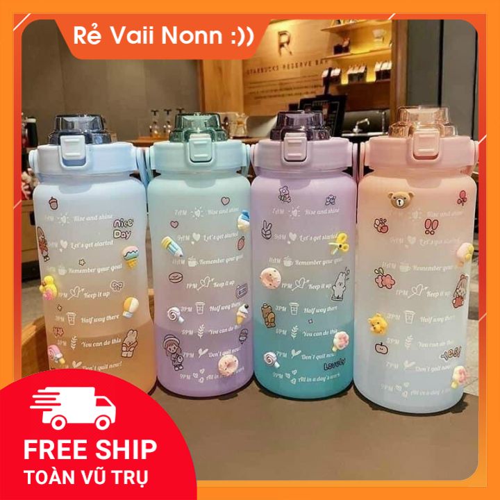 [FREE SHIP][ TẶNG STICKER ]Bình đựng nước thể thao, tập gym 2L có chia vạch báo giờ uống nước to 2 lít chất liệu an toàn tặng kèm ống hút cute