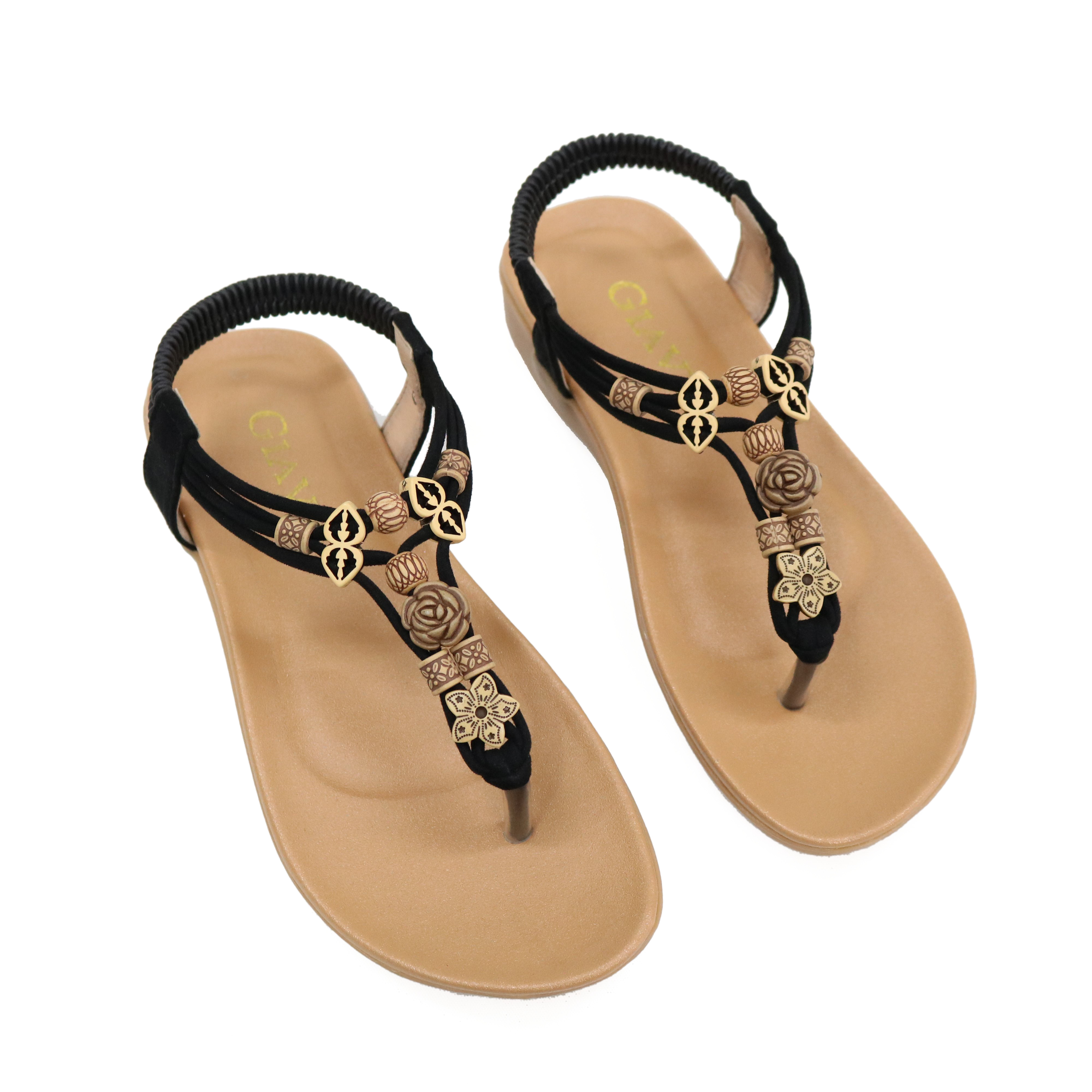 Sandal nữ GIAVY-Xăng đan quai kẹp kết hoa gỗ xinh xắn SU H599 màu đen