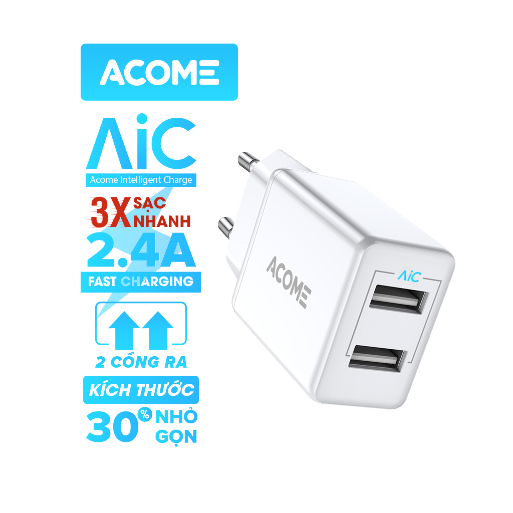 [Bảo Hành 12 Tháng] Củ sạc ACOME AC03/ ROBOT RT-K6 (Trắng) - 2 Cổng Sạc USB - Điện Áp Lớn 2.4A - Vỏ Ngoài ABS Nguyên Khối - Nhiều Lớp Bảo Vệ An Toàn