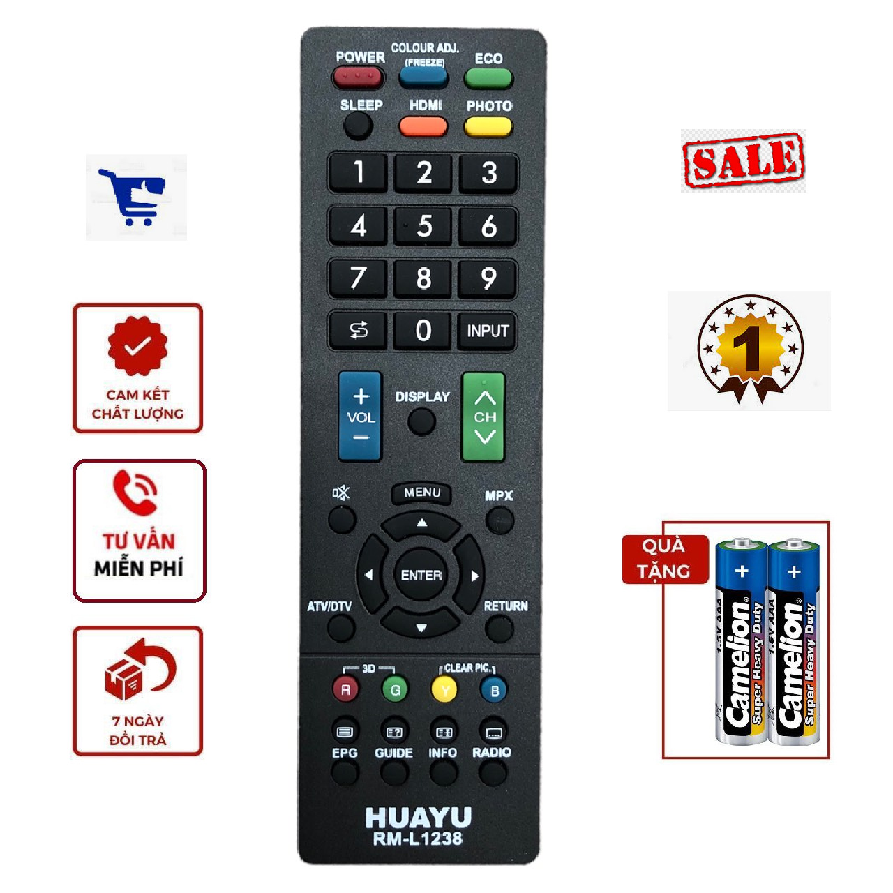 Điều khiển tivi Sharp RM-L1238 đa năng tất cả các dòng tivi Sharp LCD/LED/Smart TV - tặng kèm pin - Remote từ xa tivi Sharp đa năng