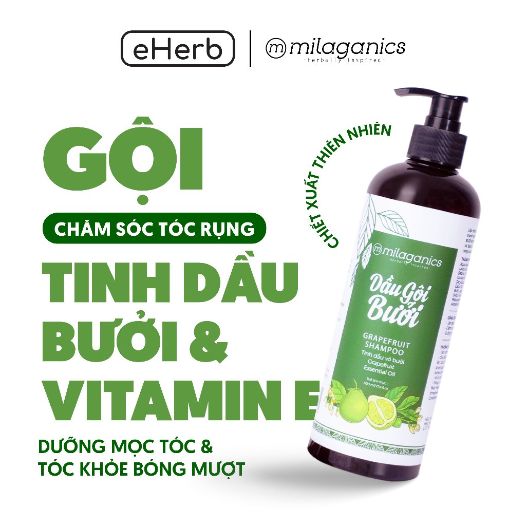 Dầu gội bưởi milaganics kích thích mọc tóc từ tinh dầu bưởi nguyên chất, dầu gội ngừa rụng tóc hiệu quả 100% 500ml - eherb