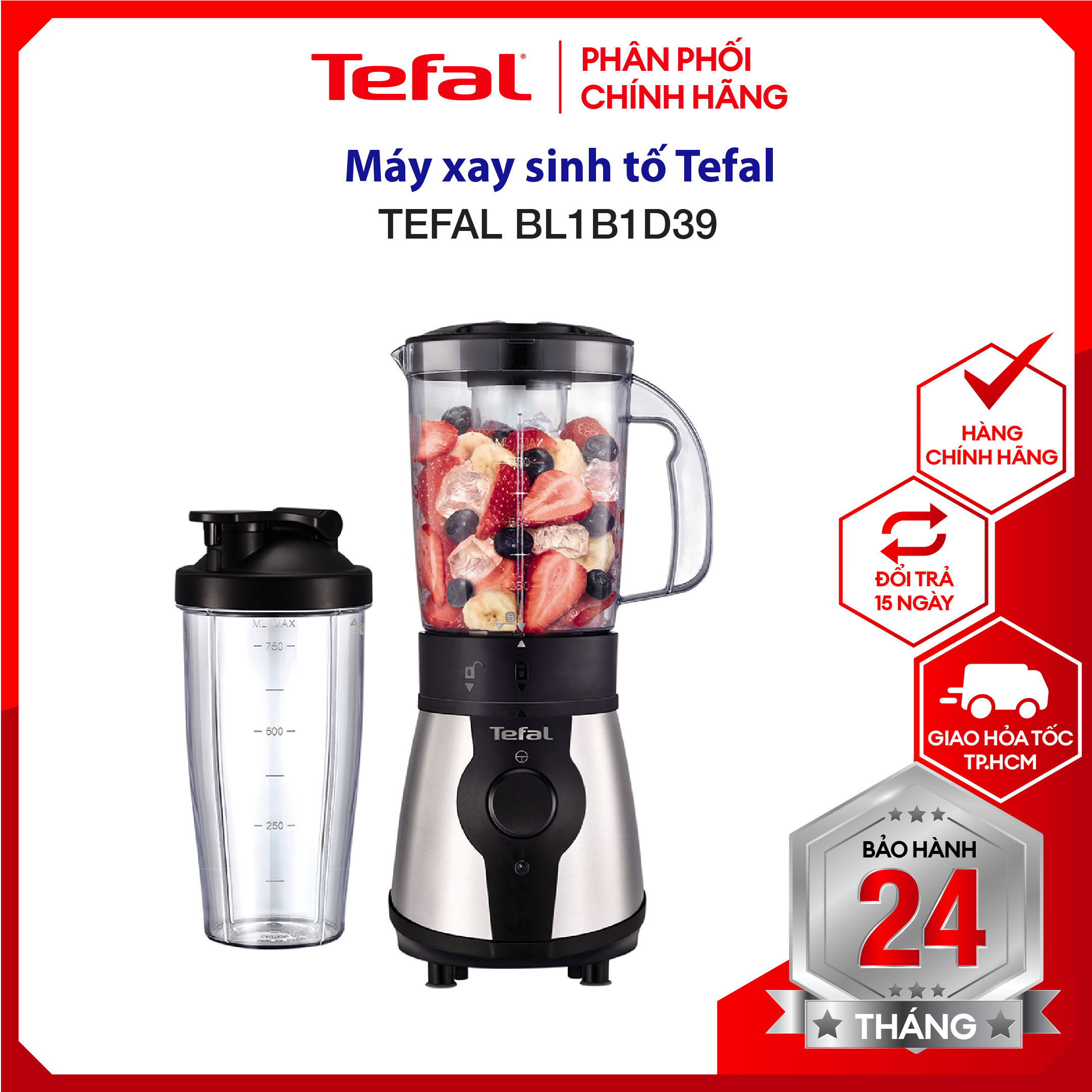 |HỎA TỐC 2H| Máy xay sinh tố, máy xay đa năng Tefal BL1B1D39 - công suất 300W, dung tích 750ml - 1 cối và 1 bình đựng - bảo hành 2 năm