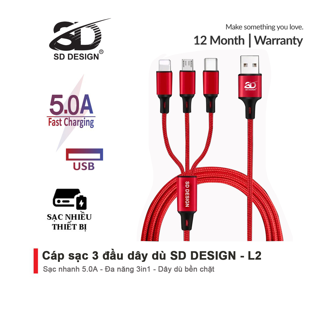 Cáp Sạc 3 Đầu L2 chính hãng SD Design đa năng 3in1 Lightning - Micro - Type C Dây Dù Sạc cho Samsung Oppo Xiaomi iPhone
