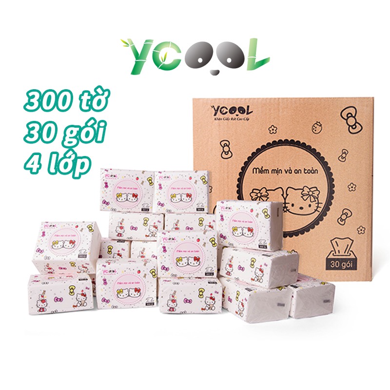 Giấy ăn ycool hello kitty thùng 30 gói 300 tờ 4 lớp