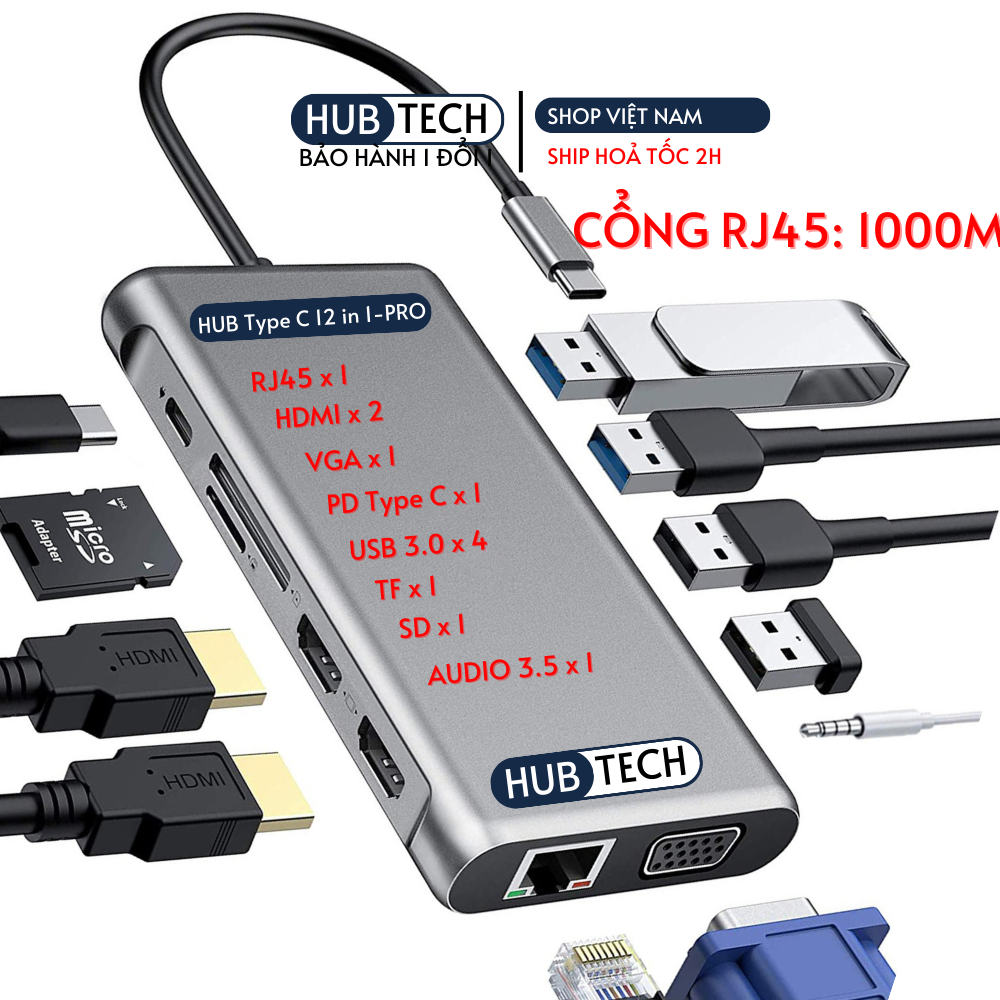 Bộ chuyển đổi hub 12 trong 1 USB type C to USB3.0 / HDMI / PD / RJ45 / SD / TF card / VGA / Audio 3.5 12 in 1