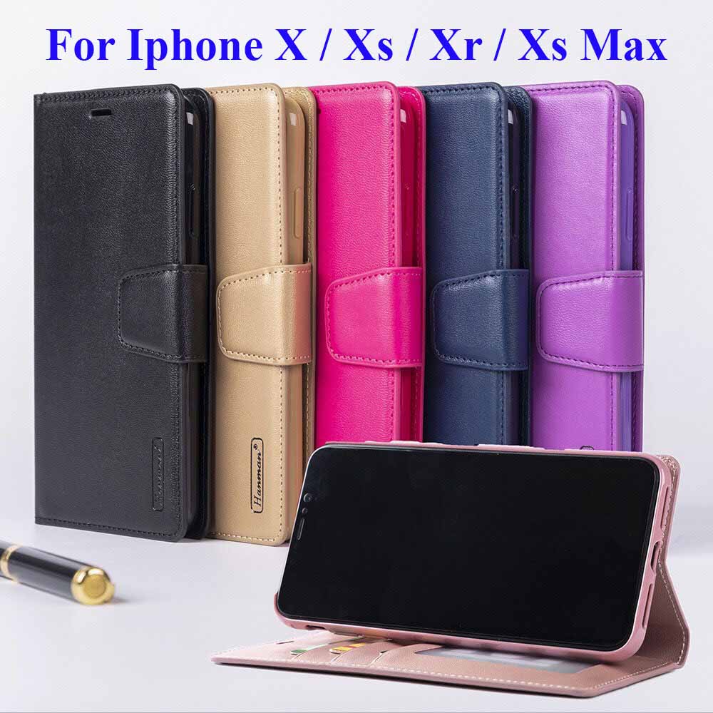 Bao da Iphone X, Xs, Xr, Xs max dạng ví Hanman cao cấp, kiểu dáng sang trọng thời trang, ngăn đựng thẻ ATM tiện lợi, bảo vệ điện thoại toàn diện