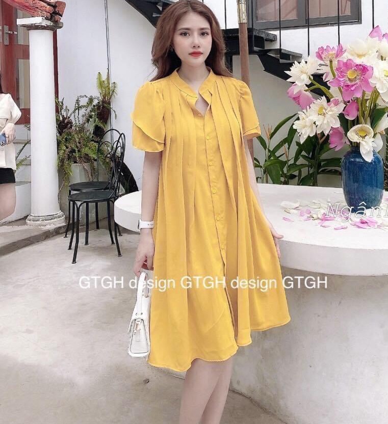 ĐẦM BẦU, VÁY BẦU XUÔNG A SƠ MI XẾP LY  MẶC BẦU VÀ SAU BẦU