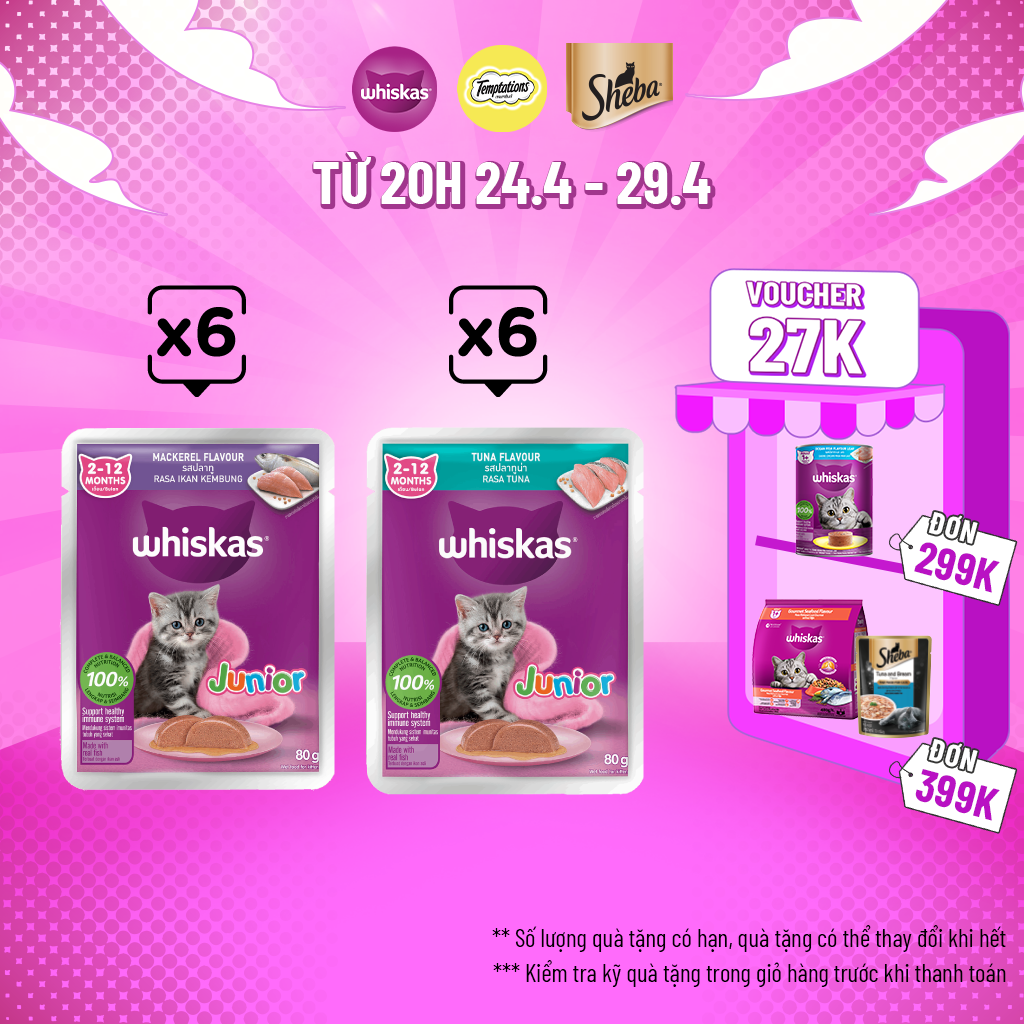 WHISKAS® Thức ăn cho mèo con dạng sốt (pate mèo) 80g (12 gói)