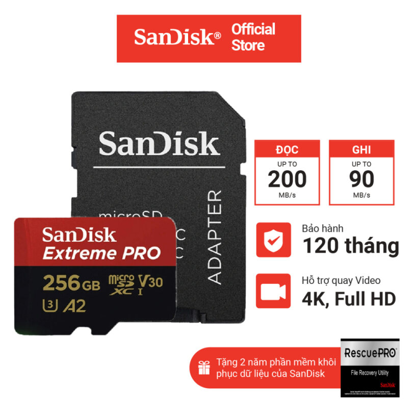 Thẻ nhớ microsdxc sandisk extreme pro v30 a2 64gb - 128gb - 256gb 200mb/s