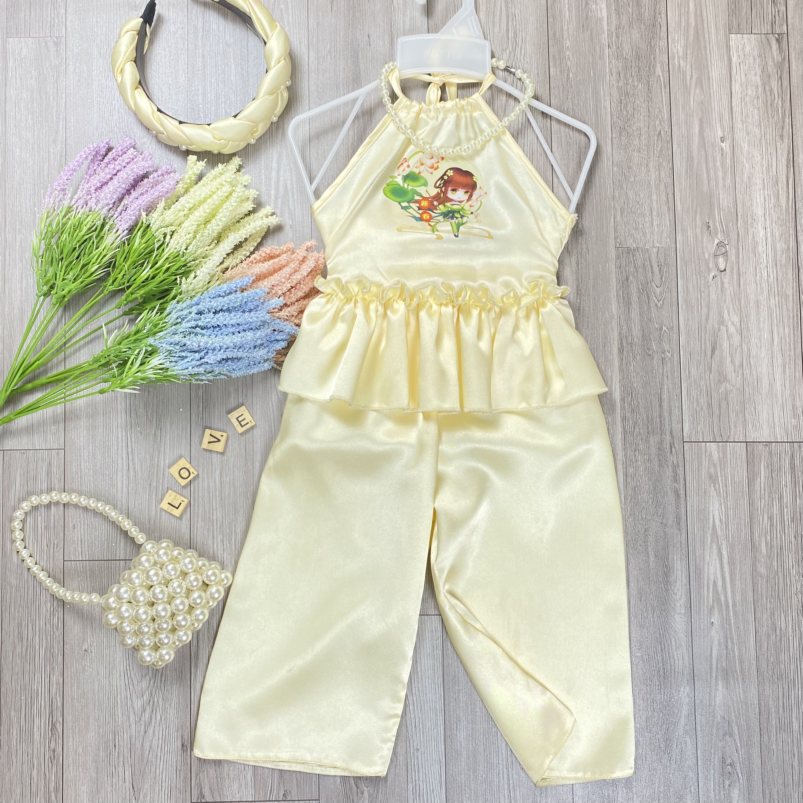 Set quần áo bé gái áo yếm hình bé gái 8-28kg