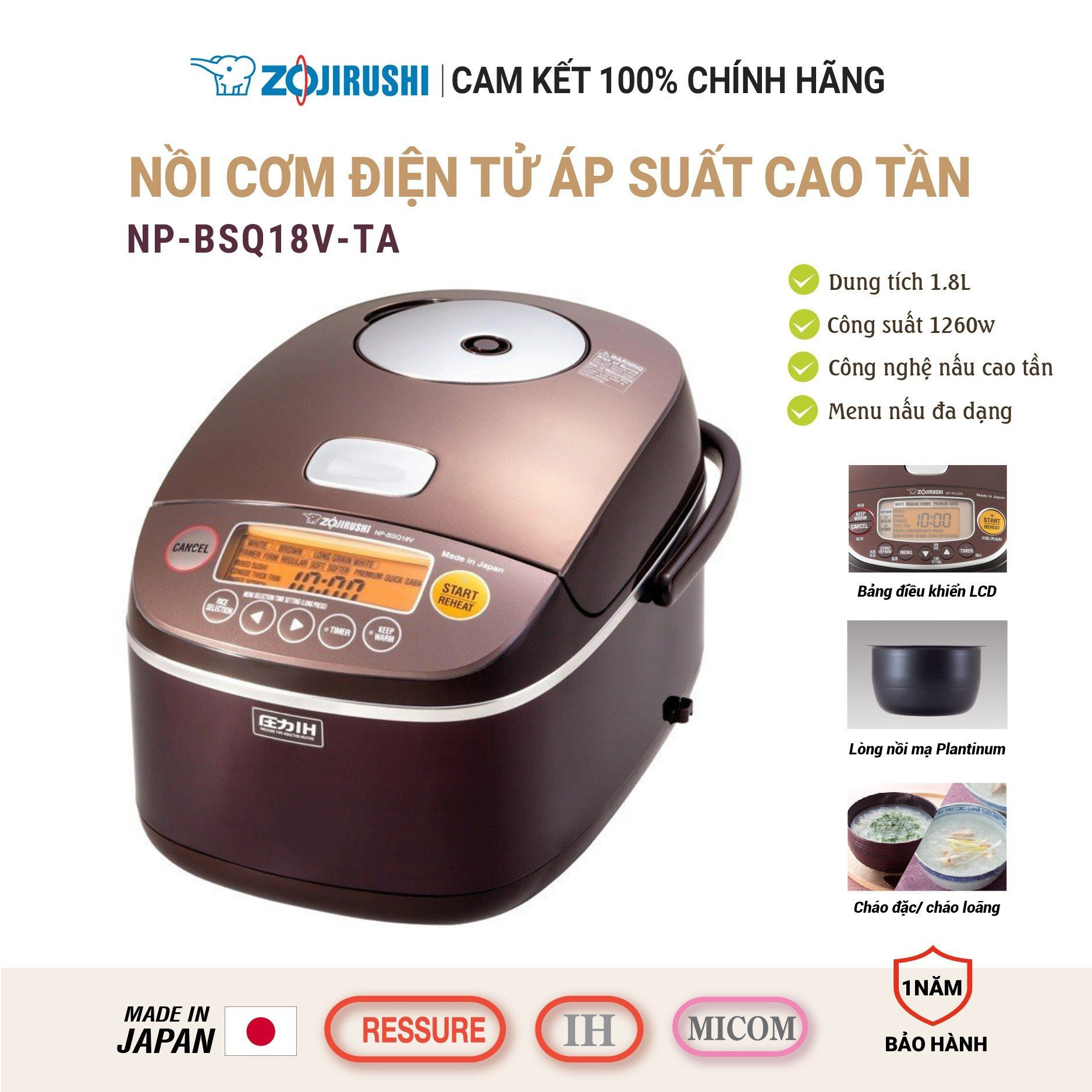 Nồi cơm điện tử áp suất cao tần ZOJIRUSHI NP-BSQ18V-TA 1,8L, sản xuất Nhật Bản, nồi cơm cao cấp Nhật bảo hành 1 năm chính hãng