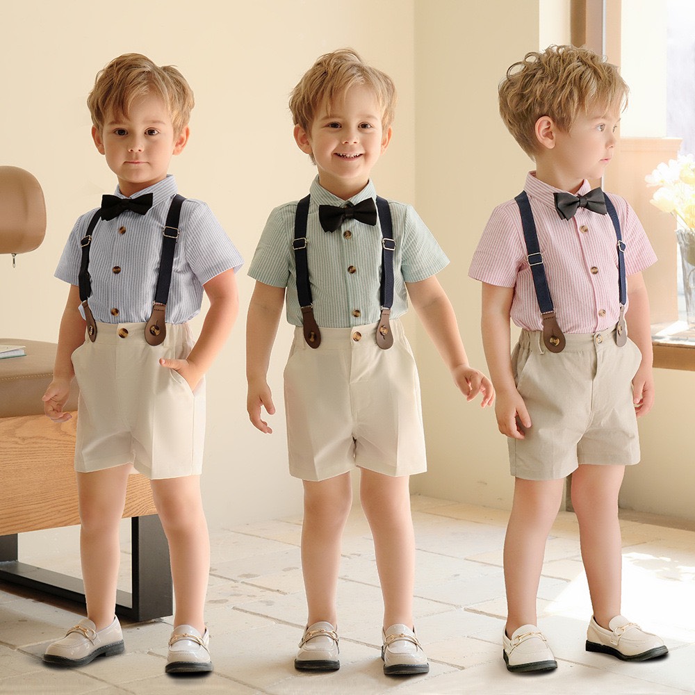 Set yếm công tử cộc tay aó kẻ 4 món cho bé trai - shubimkids