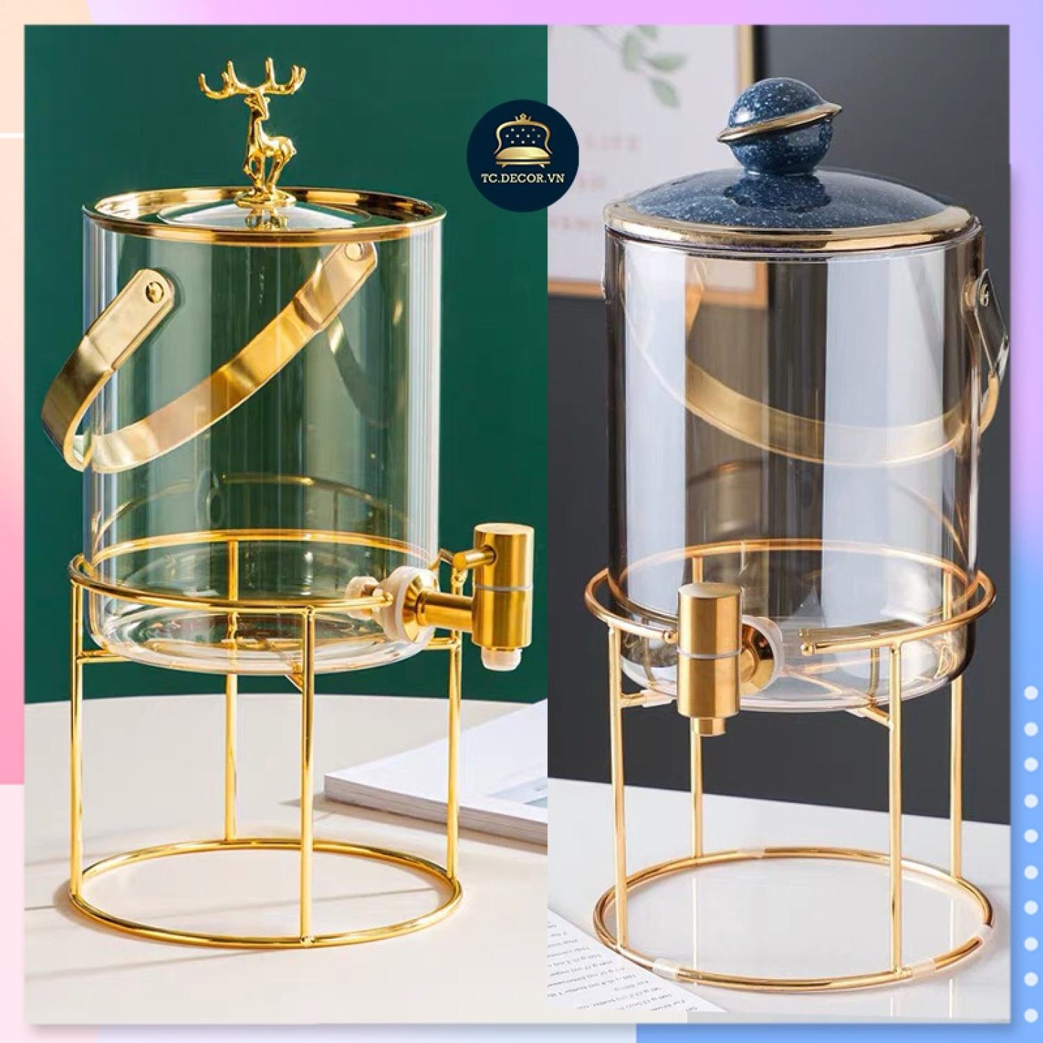 Bình nước thuỷ tinh borosilicate kèm kệ mạ vàng 🌸 sang trọng tinh tế 🌸