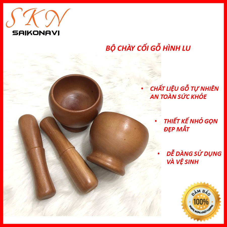 Bộ chày cối gỗ tiện dụng hình lu - bộ chày giã cối gỗ