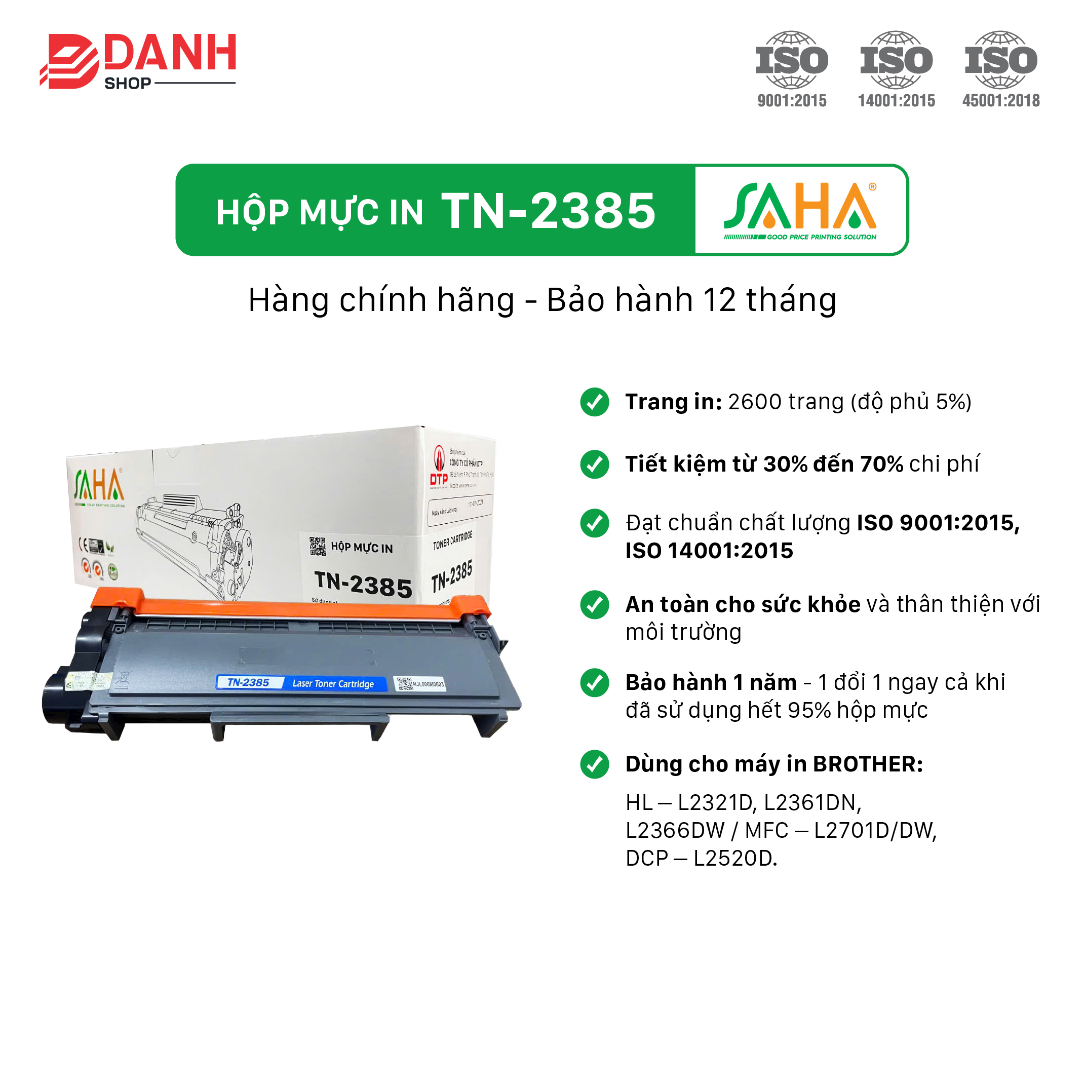 Hộp mực in TN-2385 - SAHA -  Dùng cho máy Brother HL – L2321D, L2361DN, L2366DW / MFC – L2701D/DW, DCP – L2520D.