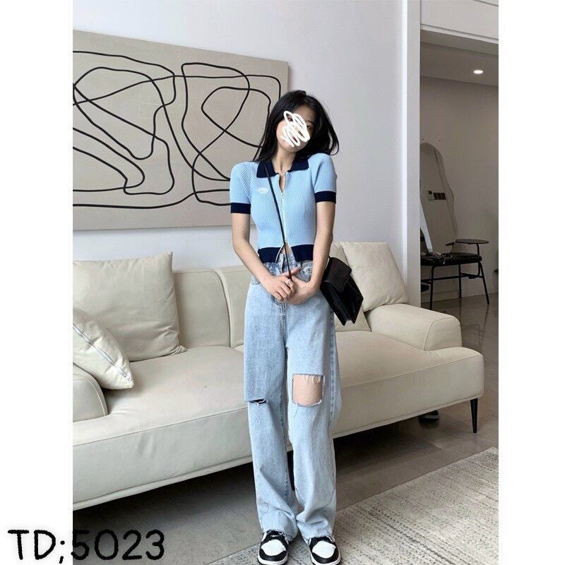 Baggy Jeans Ống Suông Rách Ô