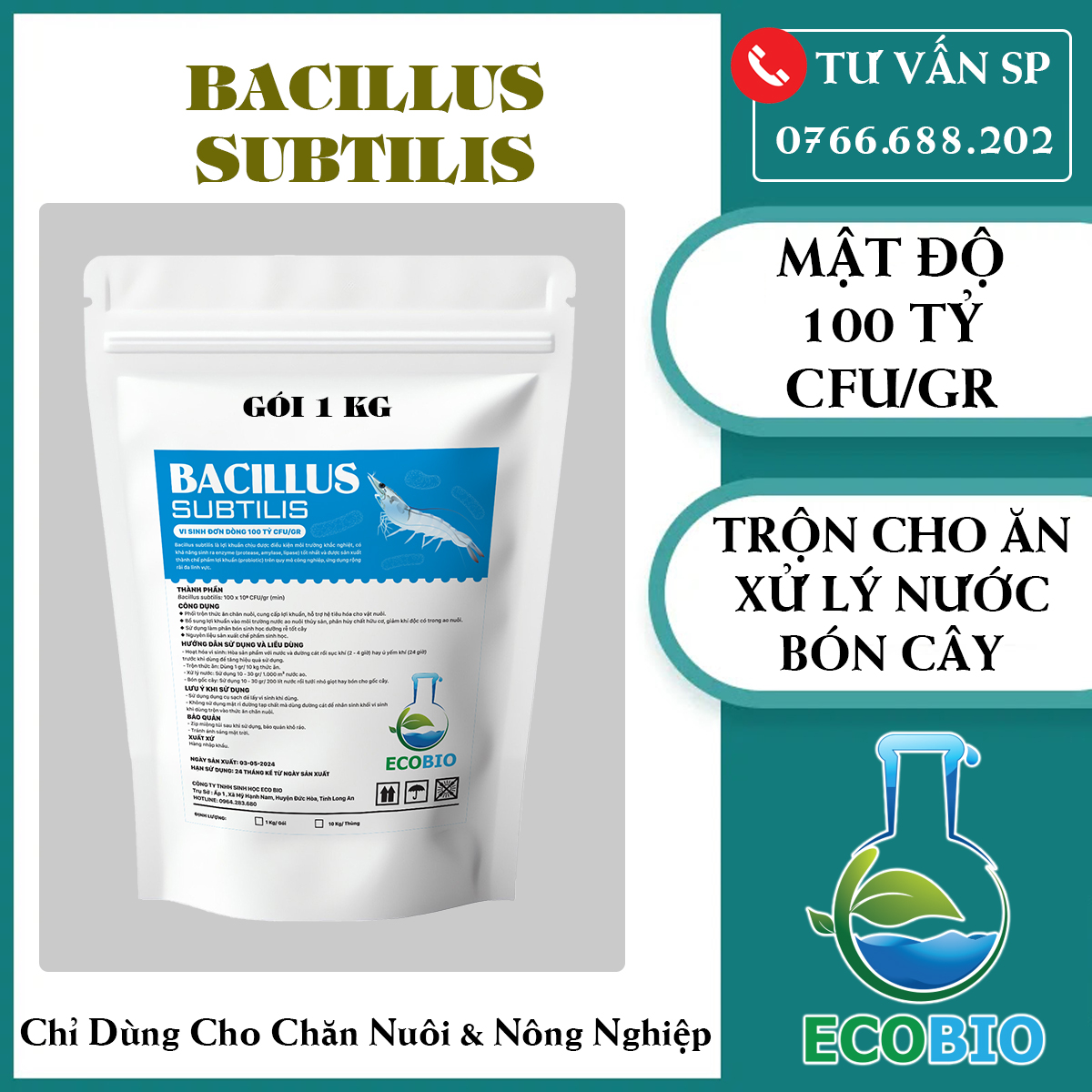 1 Kg Vi Sinh Đơn Dòng Bacillus Subtilis Mật Độ 100 Tỷ CFU/gr Sử Dụng Cho Chăn Nuôi Và Nông Nghiệp