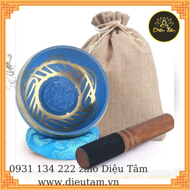 Chuông xoay thiền Tây Tạng chiếc bát biết hát - chuông xoay xanh bộ như hình chuông túi , dùi , đệm Đồ thờ cúng Mật tông Diệu Tâm