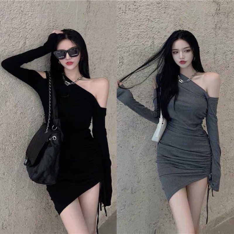 Đầm gân tăm body vạt chéo rút dây phối tay dài hở vai cực kì xinh
