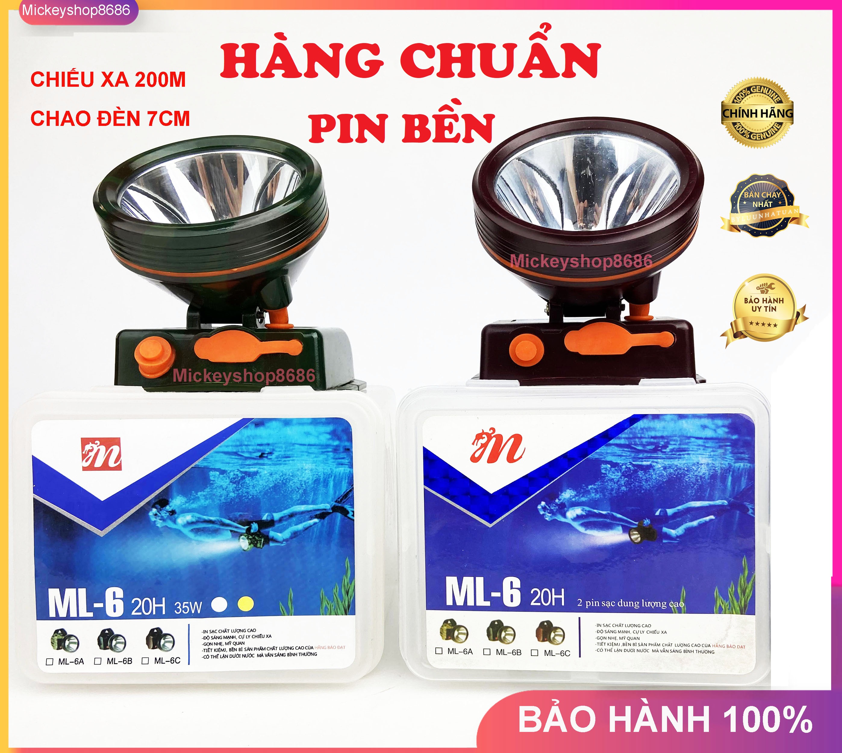 Đèn pin đội đầu ML6 35W siêu sáng chống nước kín nước Ánh sáng vàng và trắng đèn đeo đầu đi rừng soi ếch