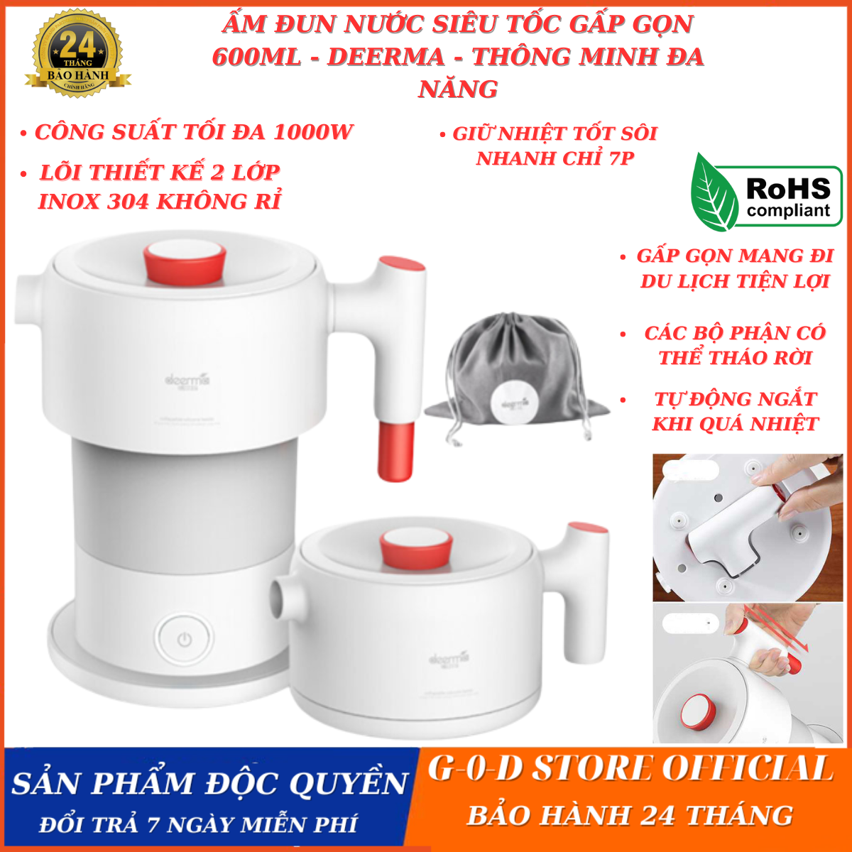 Ấm đun nước siêu tốc gấp gọn deerma - dem-dh202 dung tích 600ml, ấm đun nước điện tự động, ấm đun nước pha sữa, pha trà, pha cafe, ấm đun nước xiaomi, inox 304, nhỏ gọn, thông minh, đa năng