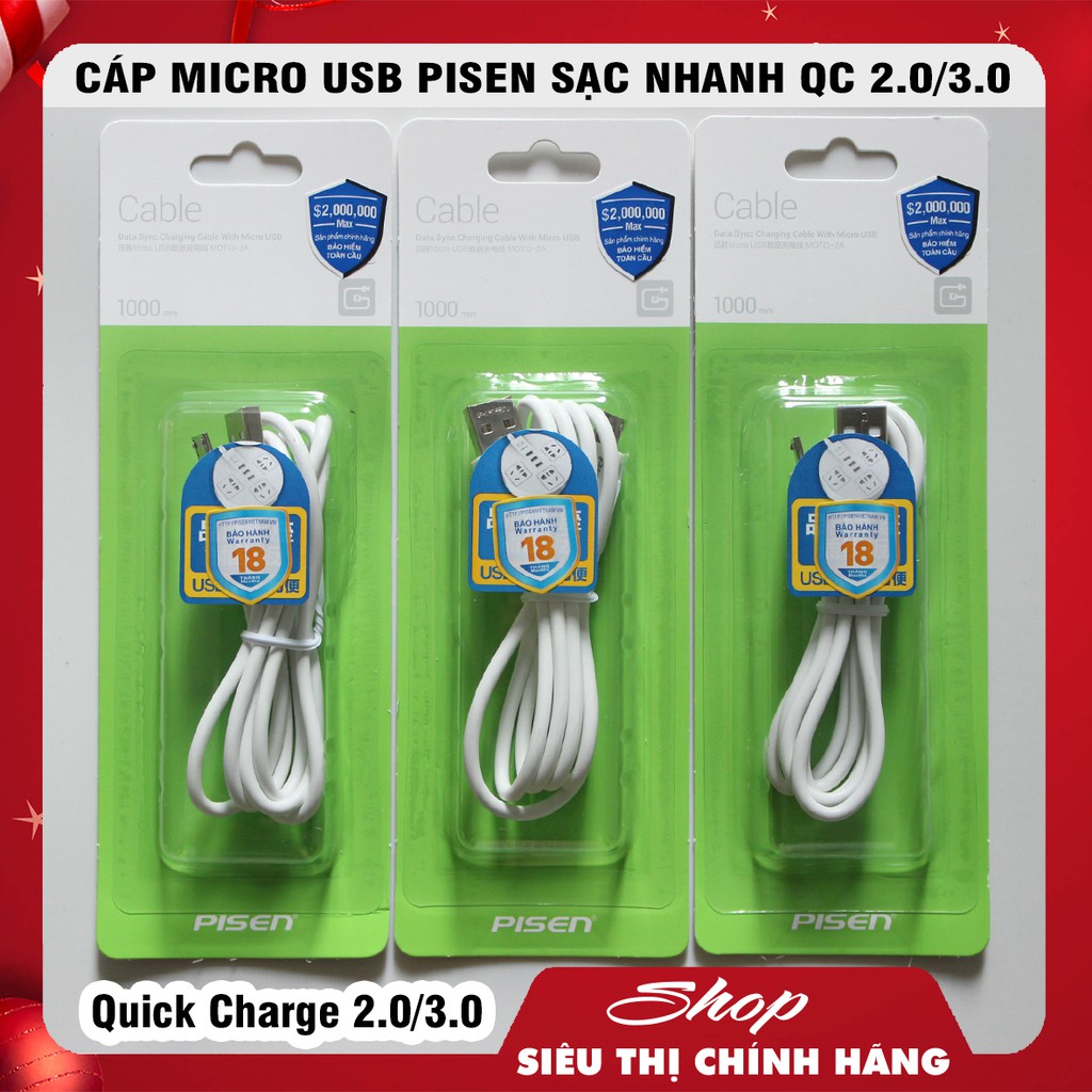 Cáp pisen micro usb hỗ trợ sạc nhanh quick charge 2.0 và 3.0