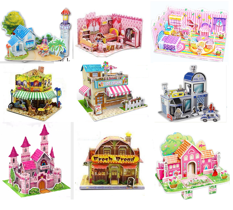 Xếp hình lắp ghép 3D bằng giấy phòng tắm, phòng khách, bếp, biệt thự hoa,noel,tiệm cafe, bánh mì, siêu thị,oto