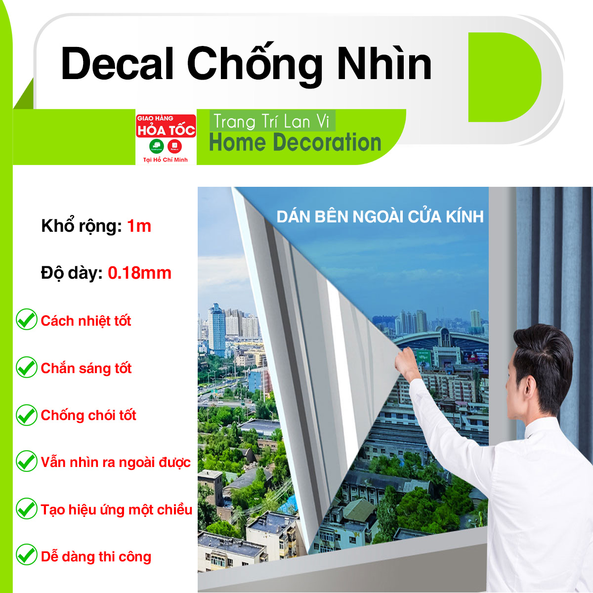 Giấy dán kính một chiều chống nhìn cho cửa, giấy decal dán kính phản quang có sẳn keo khổ 1m