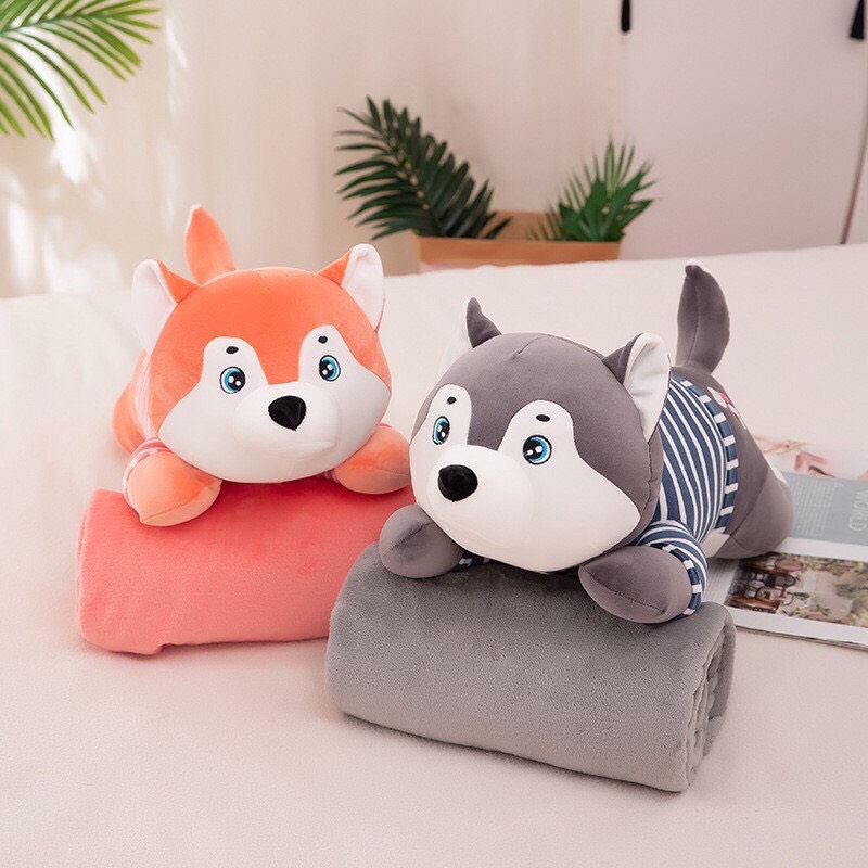 Bộ chăn gối văn phòng mền gối gấu bông chó husky mặt ngáo 3 trong 1 kích thước mền 1*1,7m