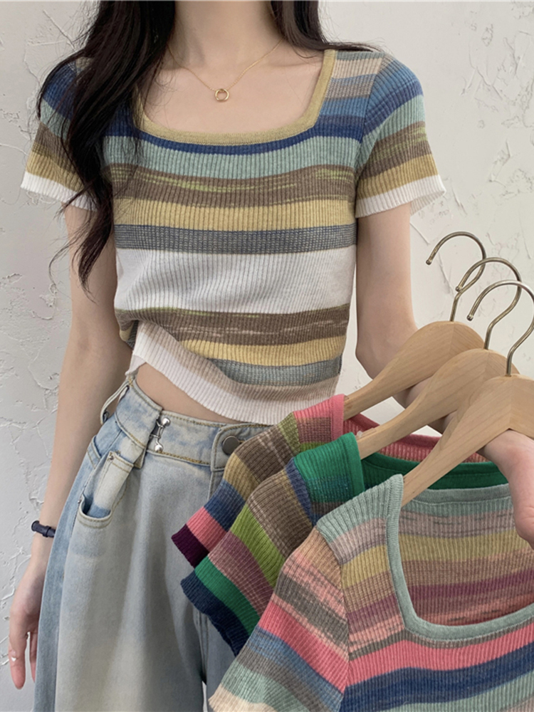 Áo len cầu vồng cổ vuông dáng croptop cực xinh AL12