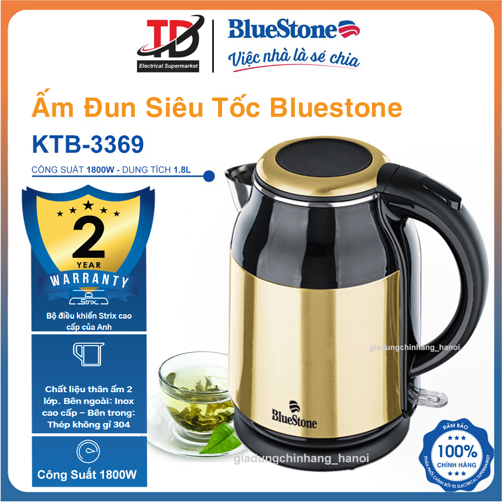  Ấm Đun Siêu Tốc Bluestone 1.8 lít KTB-3369 Inox 304 An Toàn Sức Khỏe  Bảo hành chính hãng 2 năm 