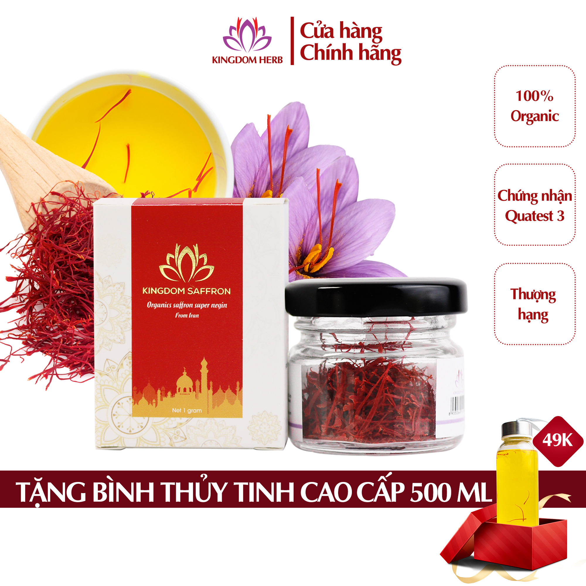 Saffron nhụy hoa nghệ tây Kingdom Herb Iran chính hãng hữu cơ super negin thượng hạng hộp 1 gram