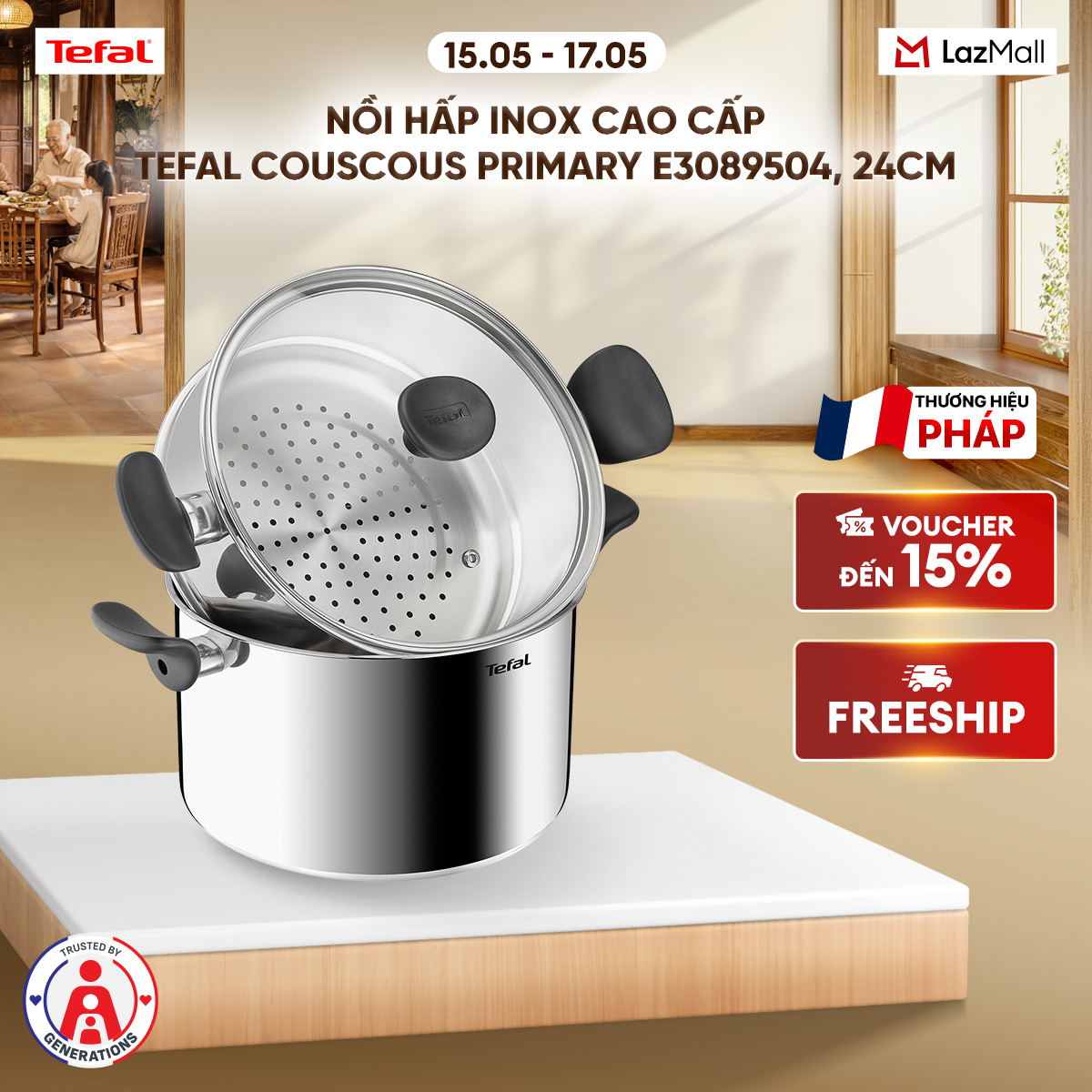 Nồi hấp Inox 18/10 cao cấp 18/10 Tefal Couscous Primary E3089504, 24cm