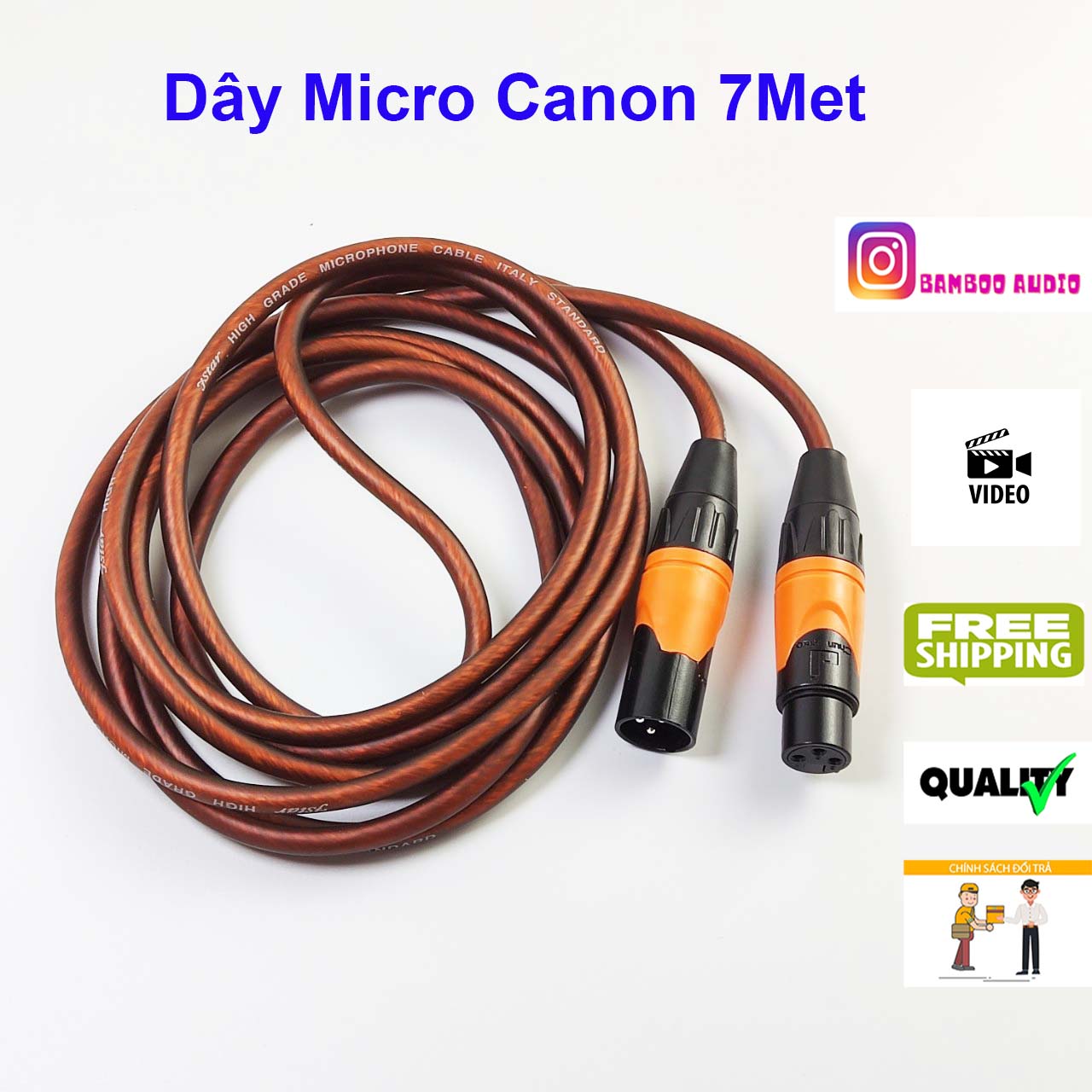 Dây micro canon 2 đầu đực cái dài 5M, Dây mic Karaoke thu âm jack kim loại cao cấp