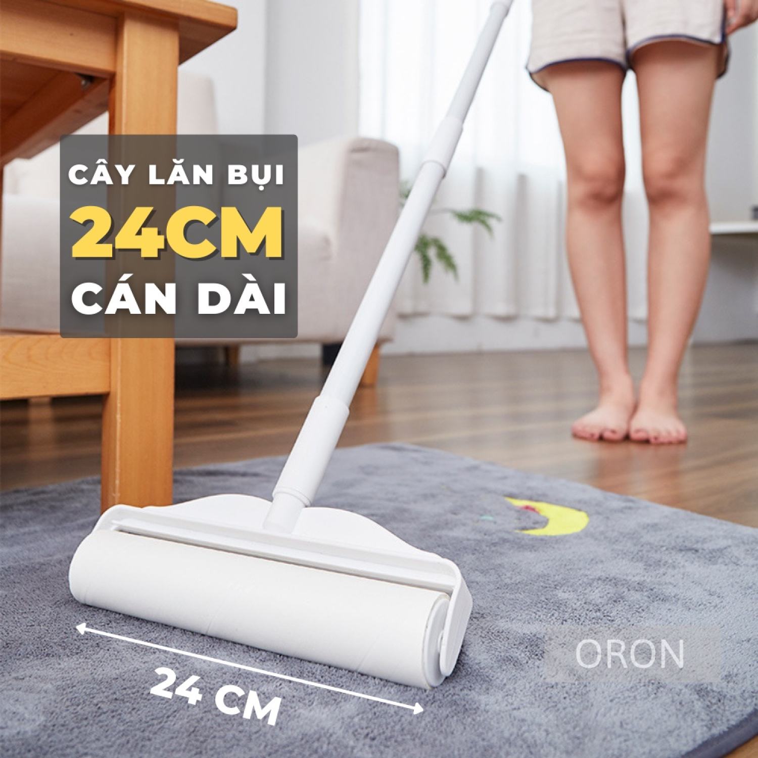 Cây lăn bụi 24cm cán dài, cây lăn bụi quần áo sàn nhà rèm cửa Oron